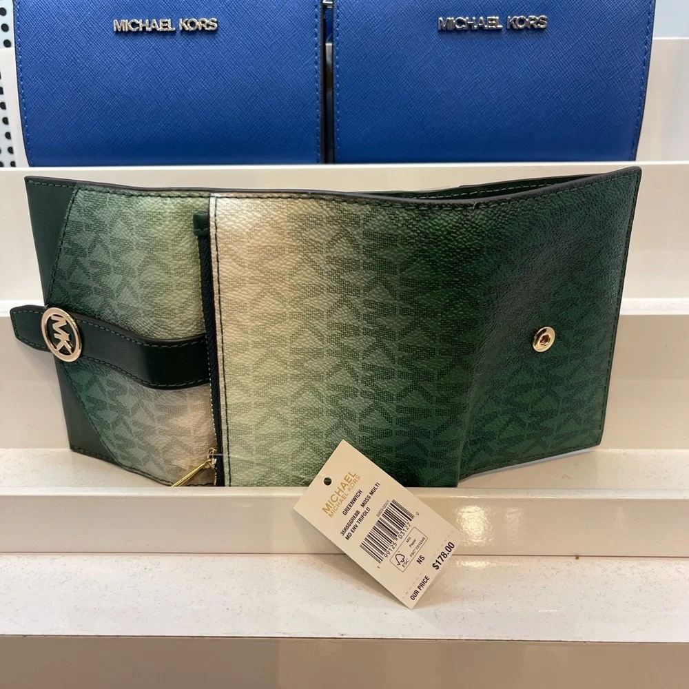MICHAEL KORS Greenwich Medium Ombré Signature Logo Tri-Fold Wallet Moss Multi NW